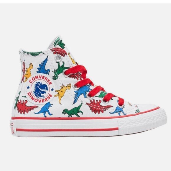 Converse Sneakers Dinoverse High Top All Star White Red Junior Boys Size 3 - Picture 1 of 11